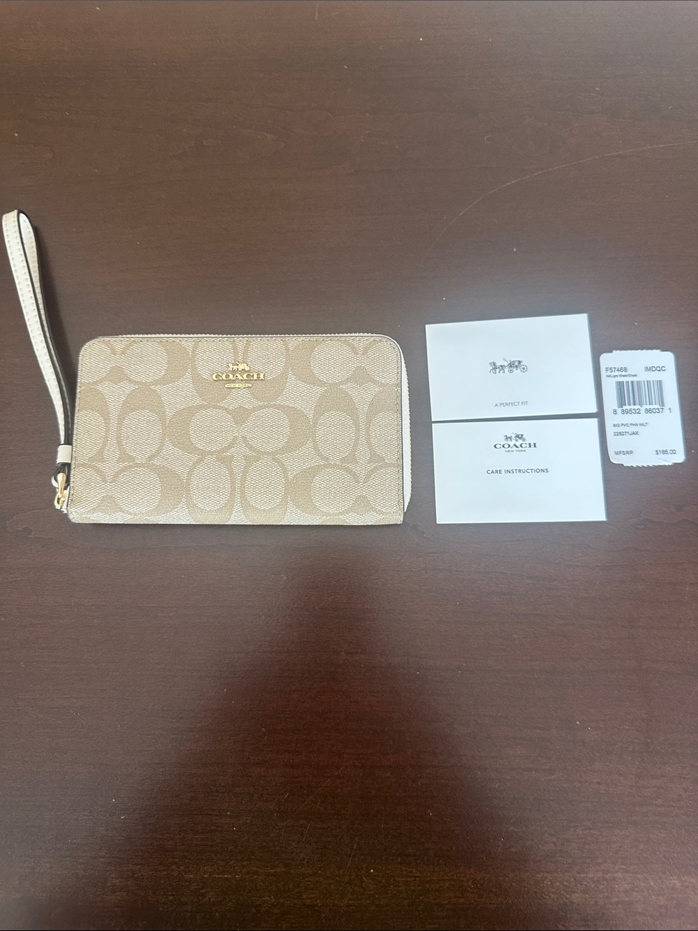 Coach Khaki/Chalk Signature Canvas Zip Wristlet with Gold Hardware